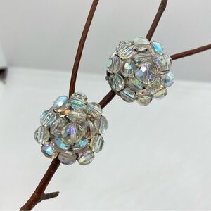 AURORA Borealis Clear Crystal Beaded Cluster Clip-On Vintage Earrings